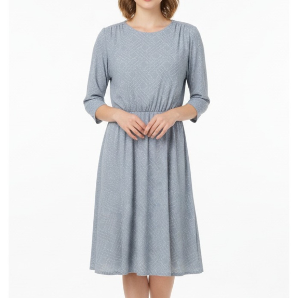 Vtg It's A Lehigh Shift Dress GRAY/WHITE PRINT Pleated Bodice Crepe Chiffon 14